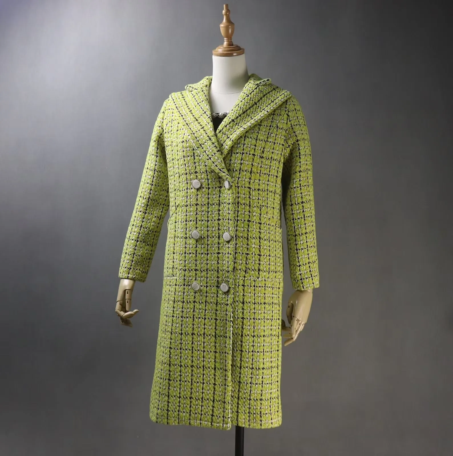 Women's Yellow Winter Tailor MADE Checked Long Warm Coat